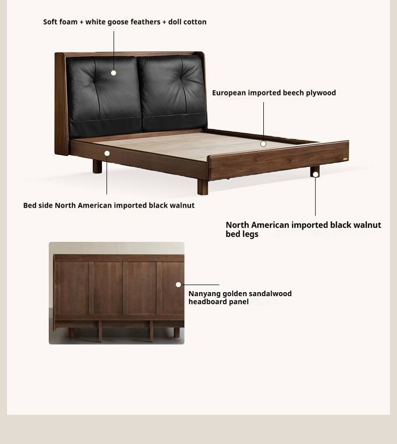 Black Walnut Solid Wood Italian Light Luxury Genuine Leather Soft Bed