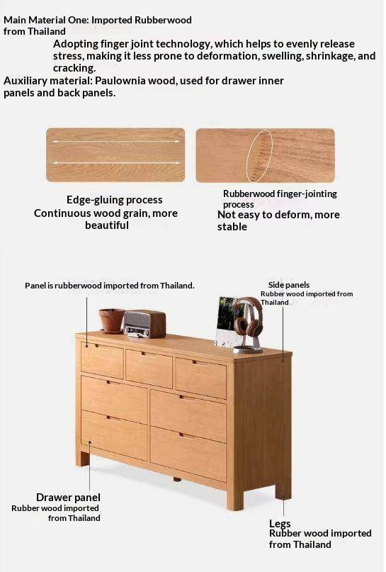 Solid Rubberwood Chest of Drawers with Seven Drawers in Modern Minimalist Style