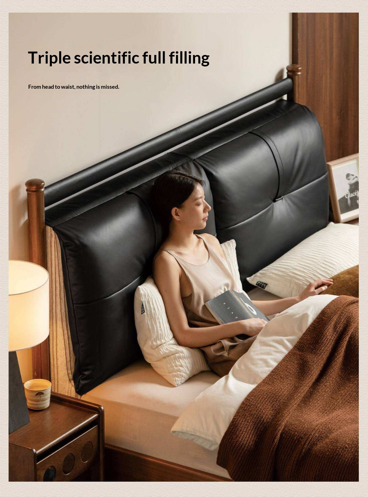 Black Walnut Solid Wood Bed with Plush Genuine Leather Cushioned Headboard