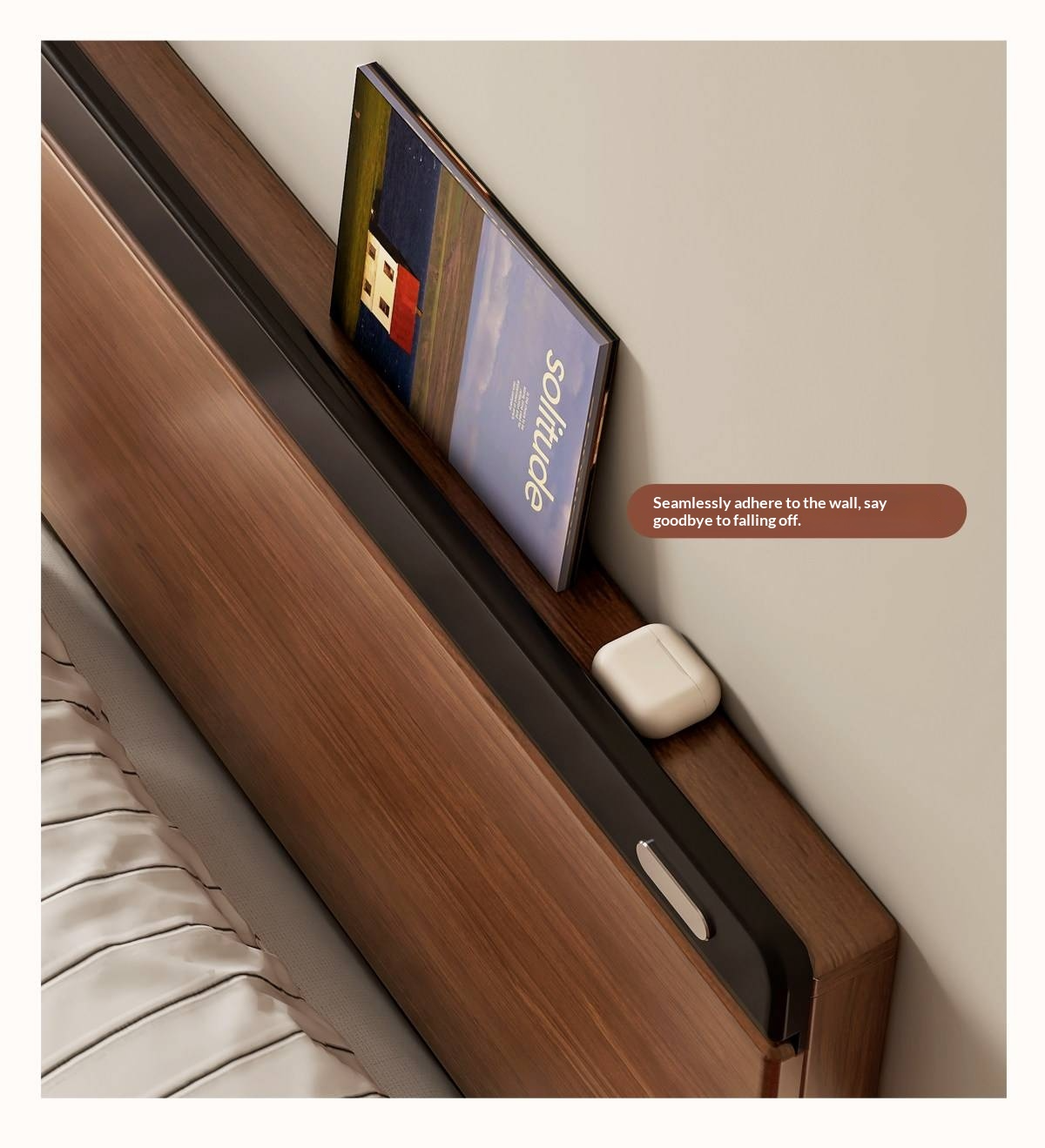 Rubberwood Solid Wood Platform Bed with Metal Legs and Two-Tone Headboard