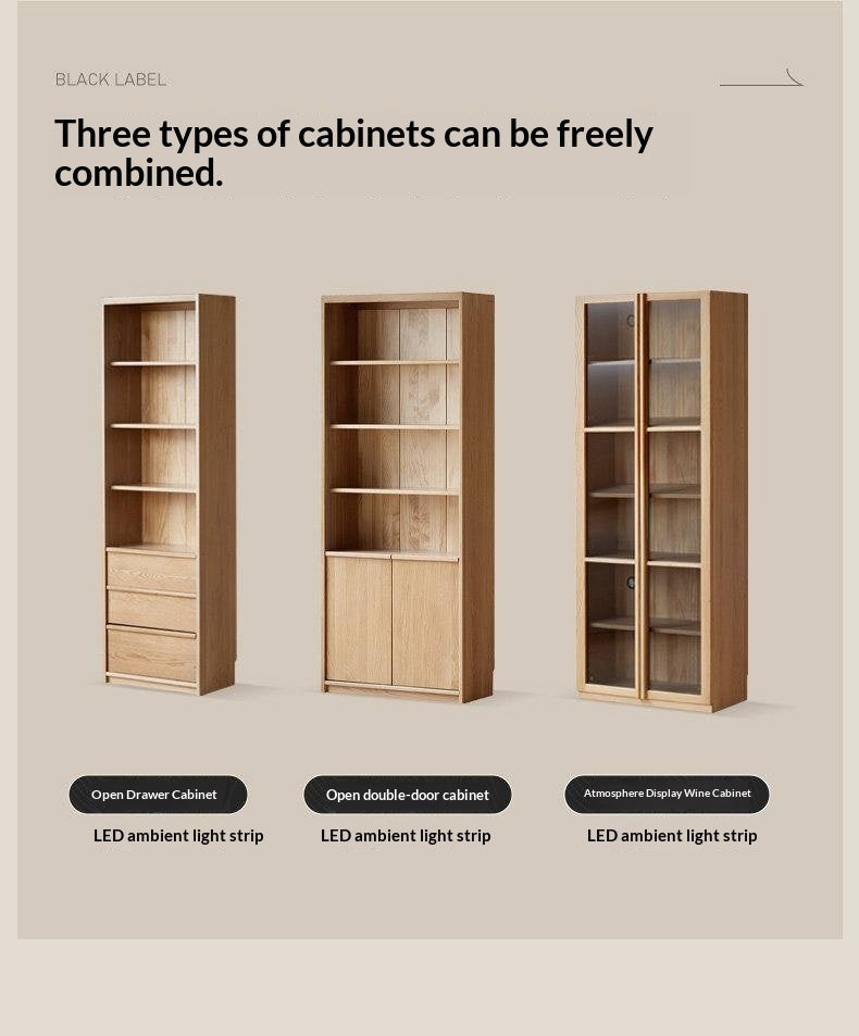 White Oak Solid Wood Bookcase and Display Cabinet with Glass Doors and Built-In Lights