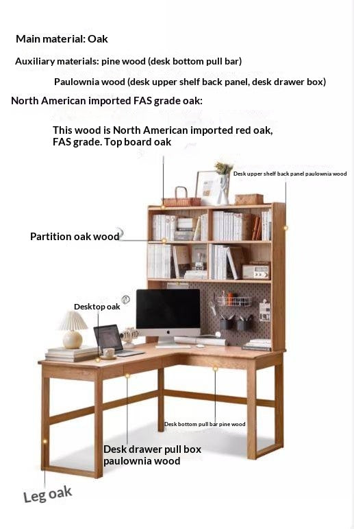 Oak Solid Wood L-shaped Corner Office Desk