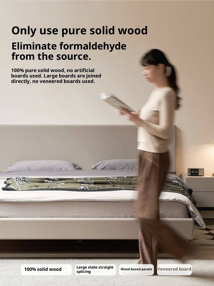 Poplar Solid Wood Floating Bed with Lights, Modern Minimalist