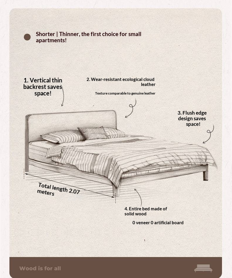 Rubberwood Solid Wood Bed — Modern Minimalist Design with Black Soft Headboard