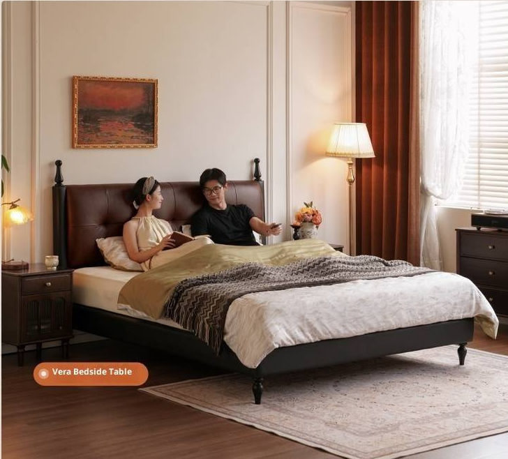 Luxury Genuine Leather Soft Backrest Bed, American Retro Style