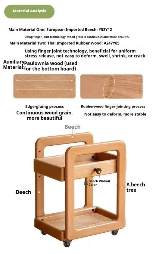 Beech Solid Wood, Solid RubberWood Kids Under-the-Table Mobile Modern Cabinet