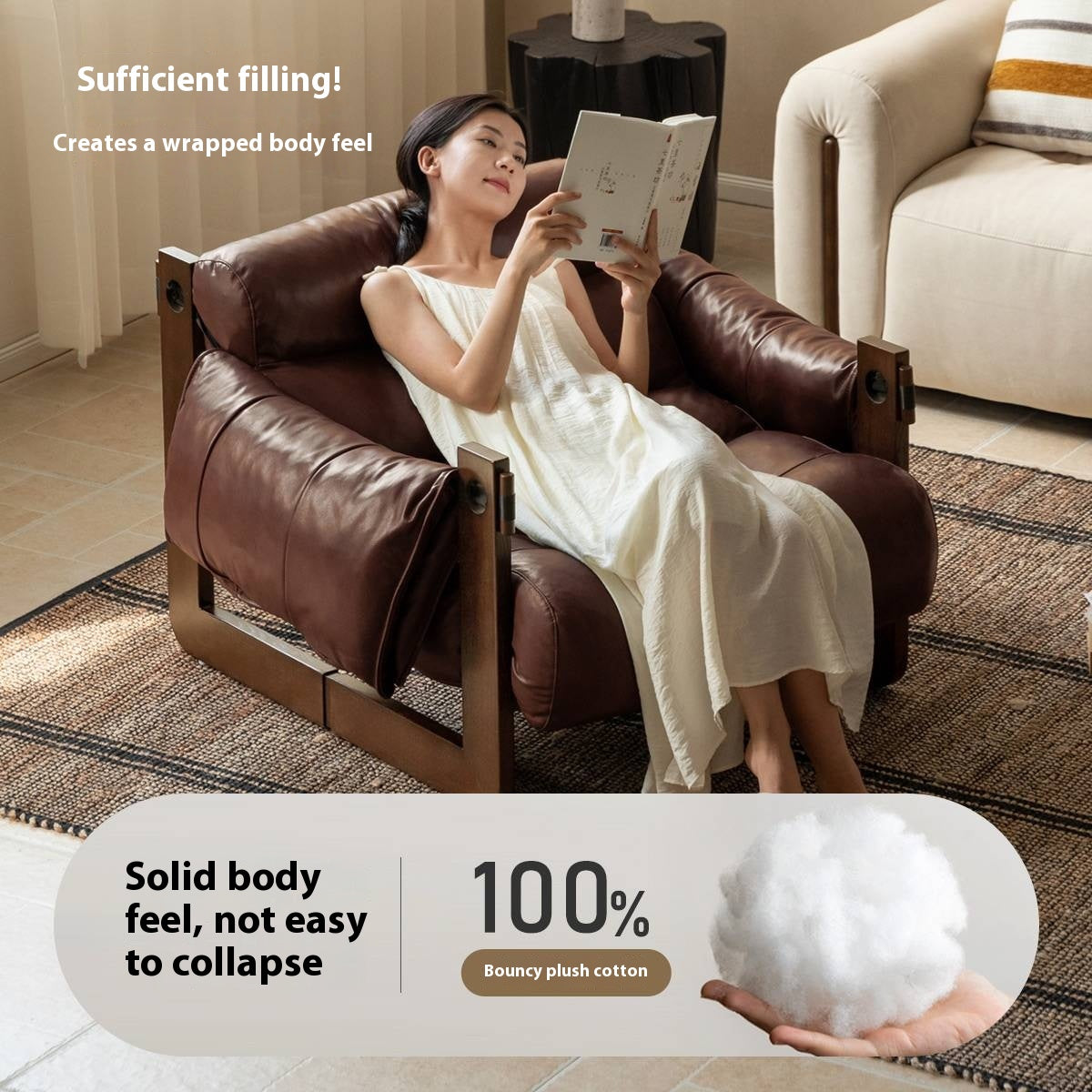 Genuine Leather Ash Solid Wood Sofa Chair, Mid-Century Style, Jersey Island Collection