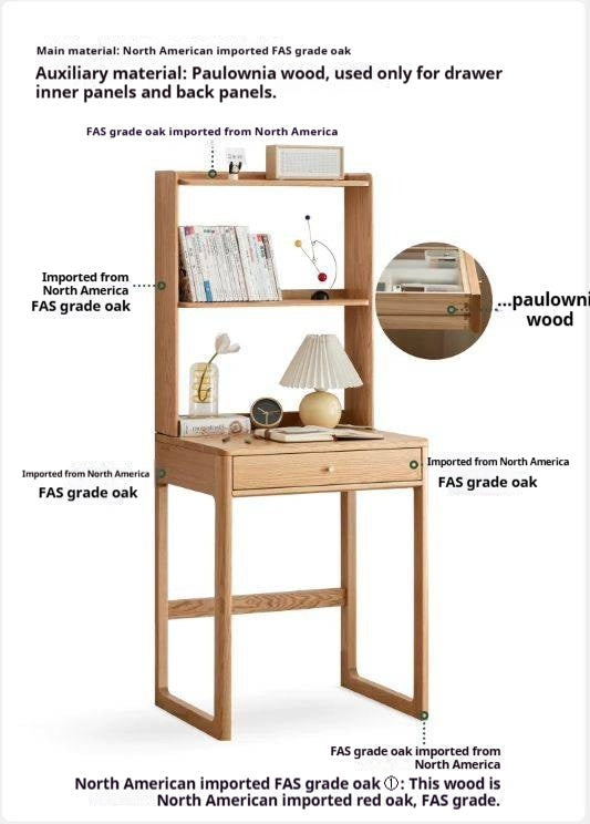 Oak Solid Wood Desk Bookshelf
