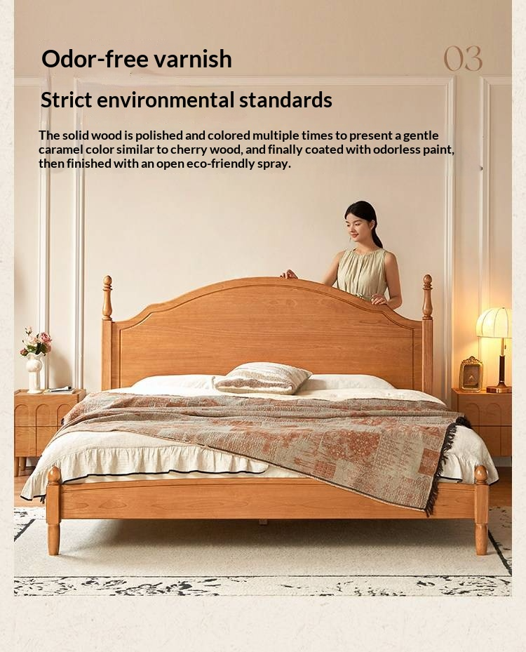 Birch Solid Wood Bed — French Retro Style, Large Slab Design, Mid-Range Style