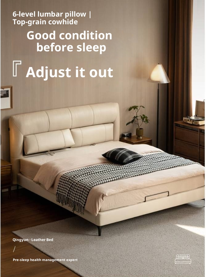 Genuine Leather Italian Light Luxury Soft Bed, White Cream Style