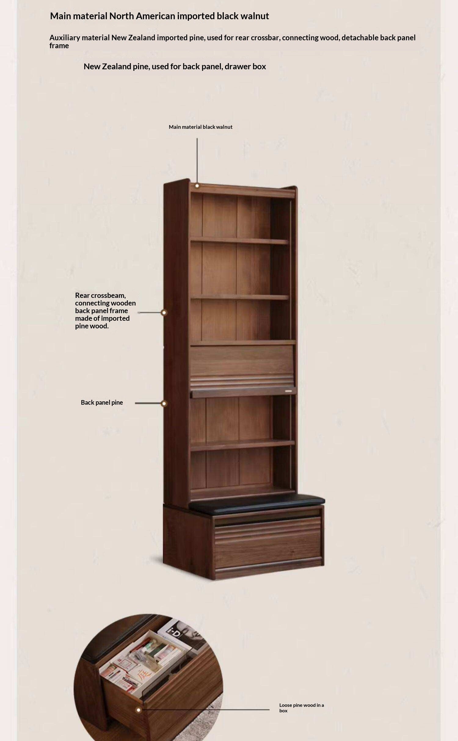 Black Walnut Solid Wood Integrated Wall Bookcase with Floor Display