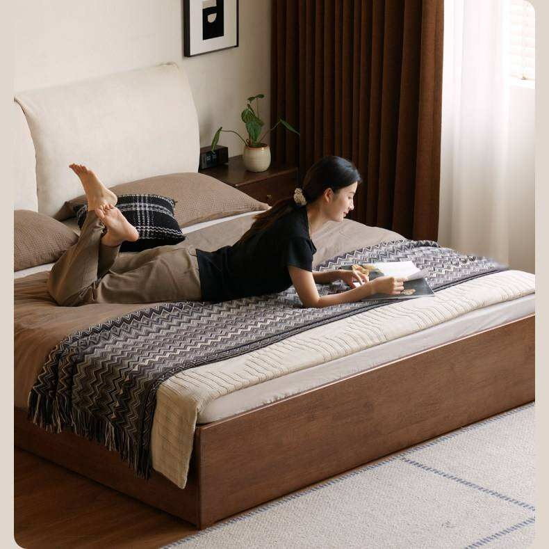 Rubberwood Solid Wood Storage Bed with Lift-Up Platform and Oversized Cushioned Headboard