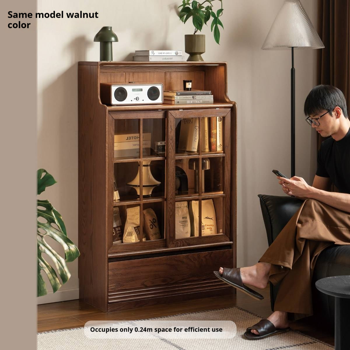 Black Walnut, Oak Solid Wood Bookcase with Storage Cabinet and Built-In Light