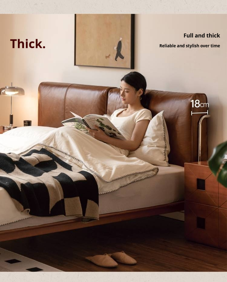 Genuine Leather Bauhaus Style Double Bed with Top Grain Cowhide Soft Backrest