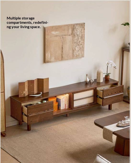 Ash Solid Wood Japanese Shoji-Style TV Console with LED Ambient Lighting
