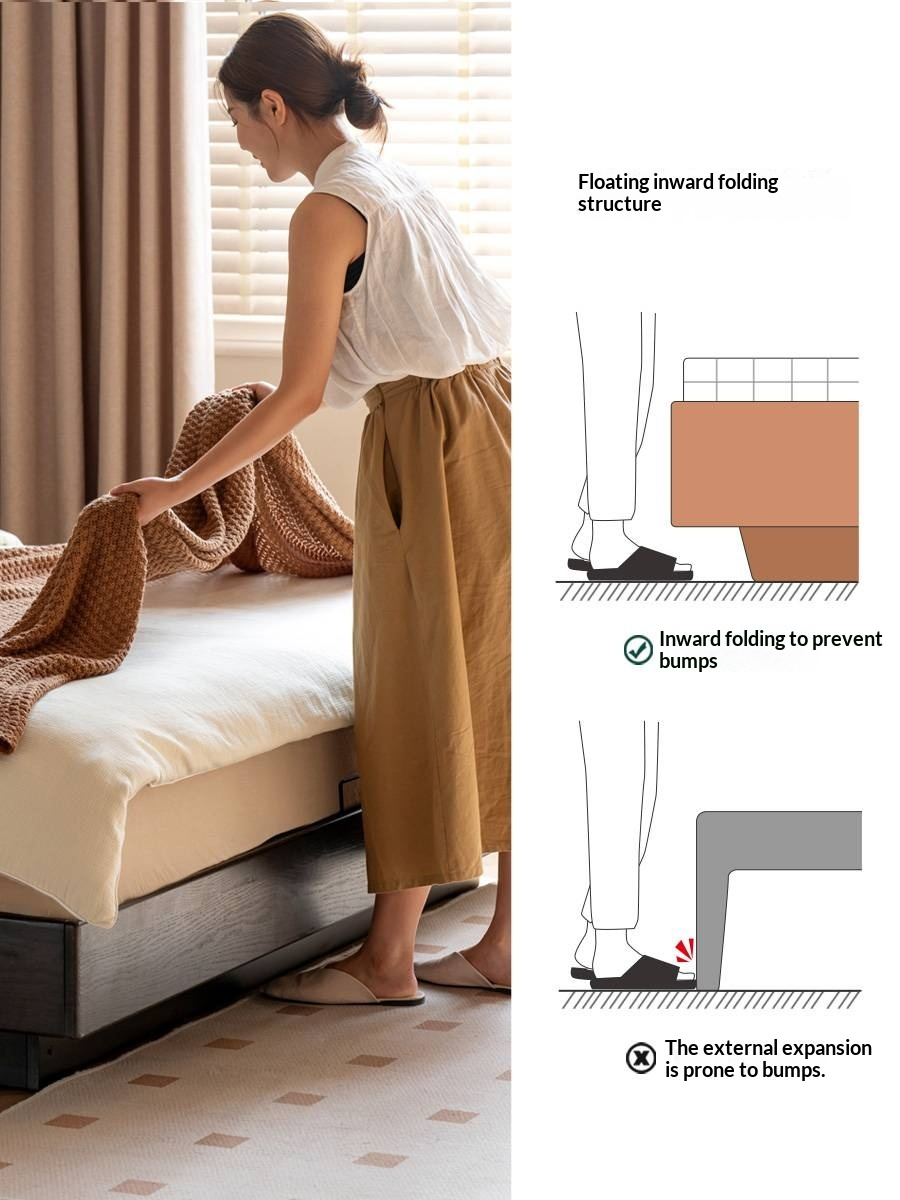 Oak Solid Wood Genuine Leather Upholstered Box Bed Retro Black Floating Bed