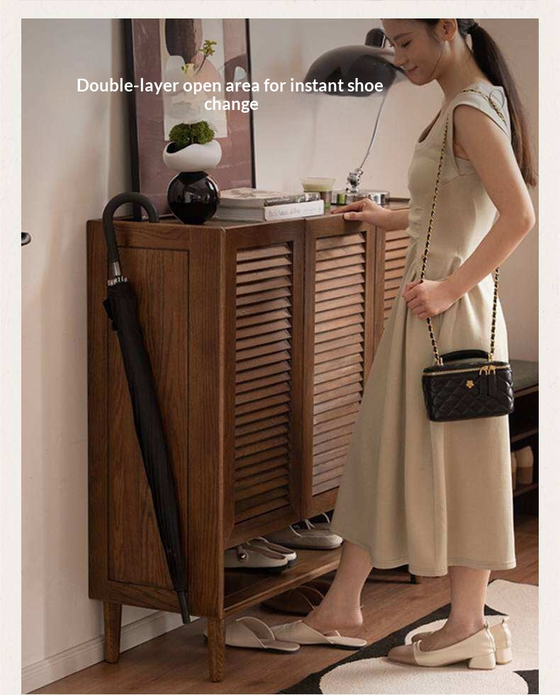 Oak Solid Wood, Rubberwood Solid Shoe Cabinet Entryway Storage Organizer Large Capacity