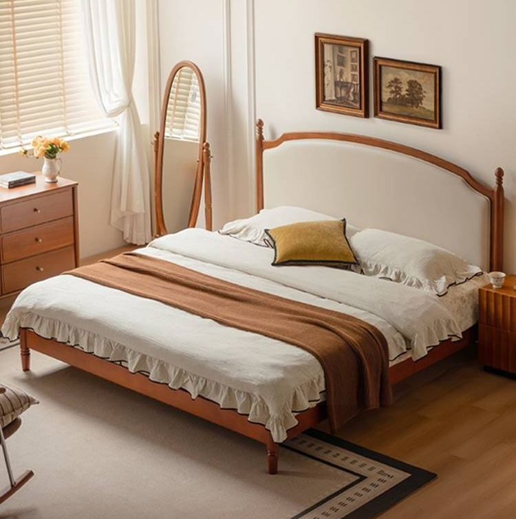 Poplar Solid Wood Bed – French Retro Design with Soft Fabric Upholstery