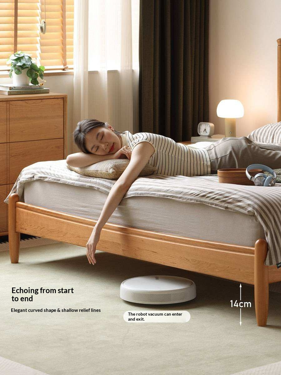 Cherry Solid Wood Nordic Platform Bed with Curved Panel Headboard