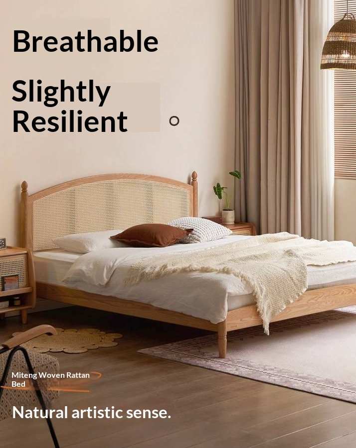 Oak Solid Wood Bed — Light Retro Style with Rattan Design
