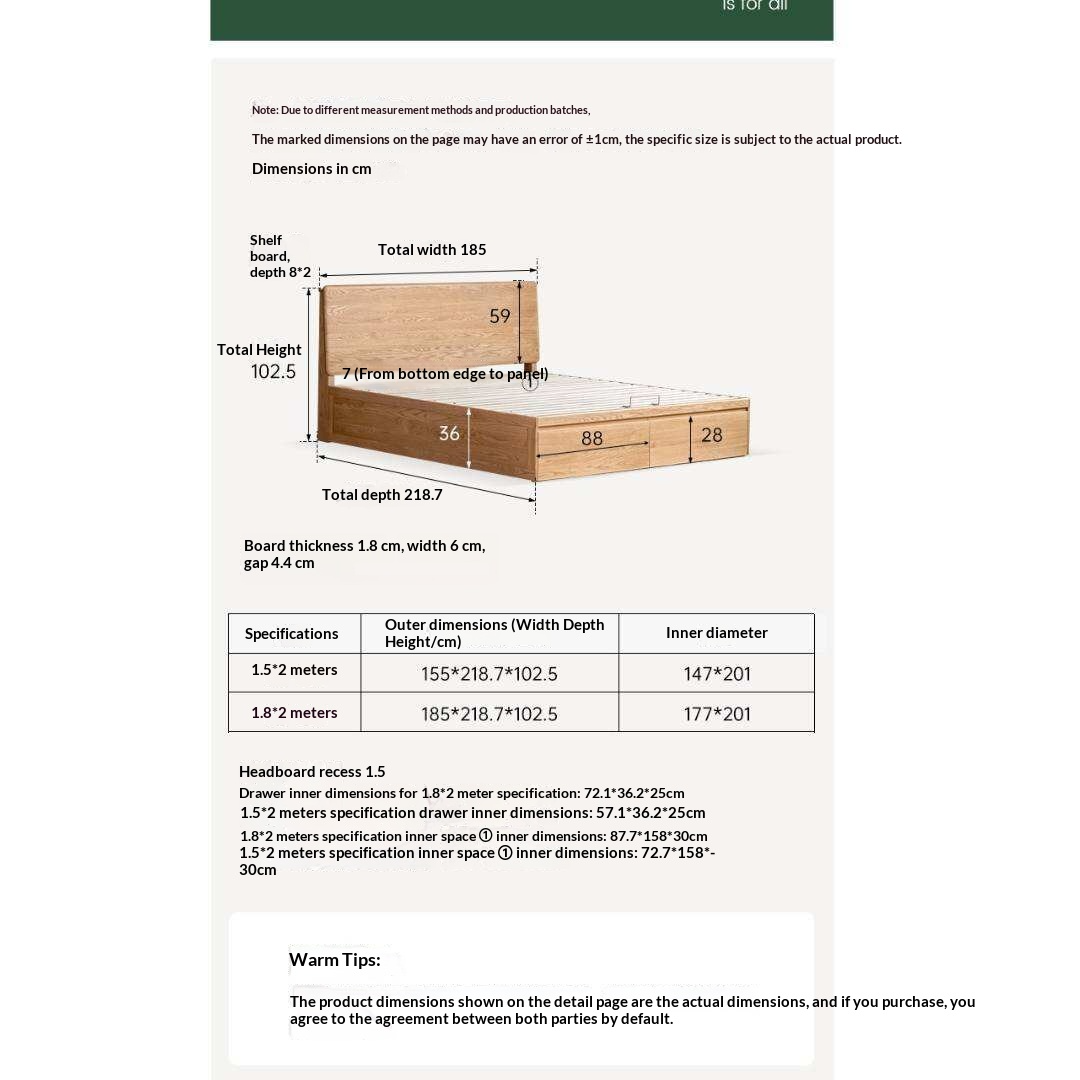 Oak Solid Wood Storage Bed with Hydraulic Lift-Up Frame and drawers