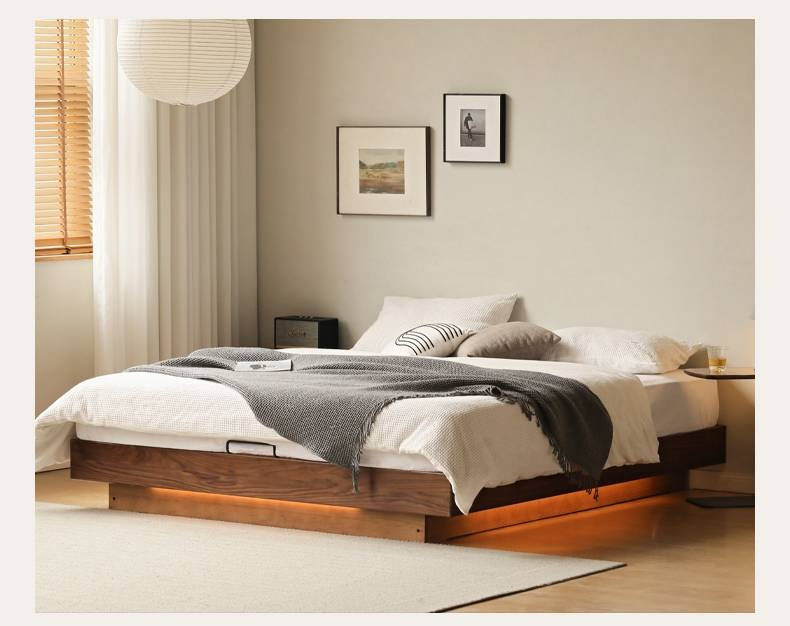 Black Walnut Solid Wood Platform Box Bed, Headboard-Free Bed Night Light Suspended Bed