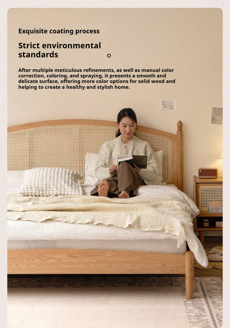 Oak Solid Wood Bed — Light Retro Style with Rattan Design