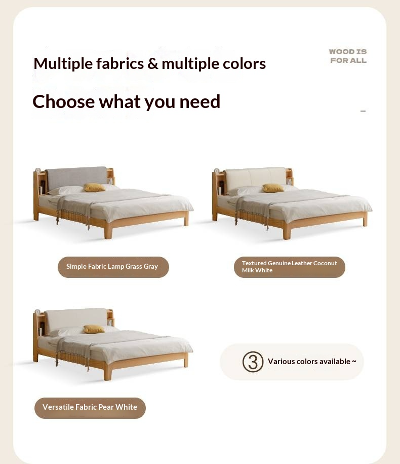 Oak Solid Wood Bed with Genuine Leather and Light Upholstery