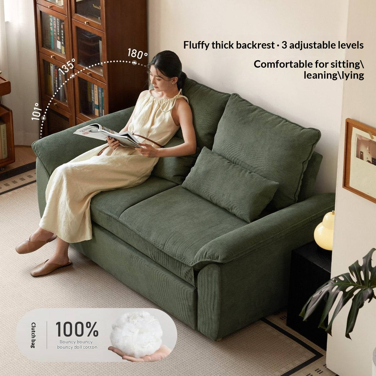 Corduroy Loveseat Sofa with Pull-Out Chaise and Adjustable Backrest