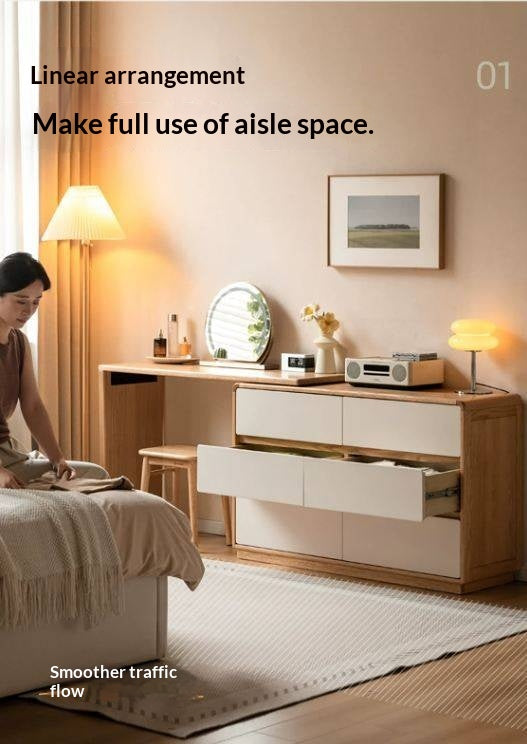 Oak Solid Wood Vanity Table & Storage Cabinet Set Cream Style