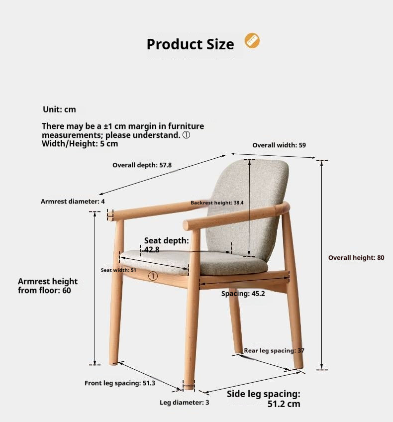 Beech Solid Wood Upholstered Armchair with Exposed Wood Frame and Round Tubular Arms