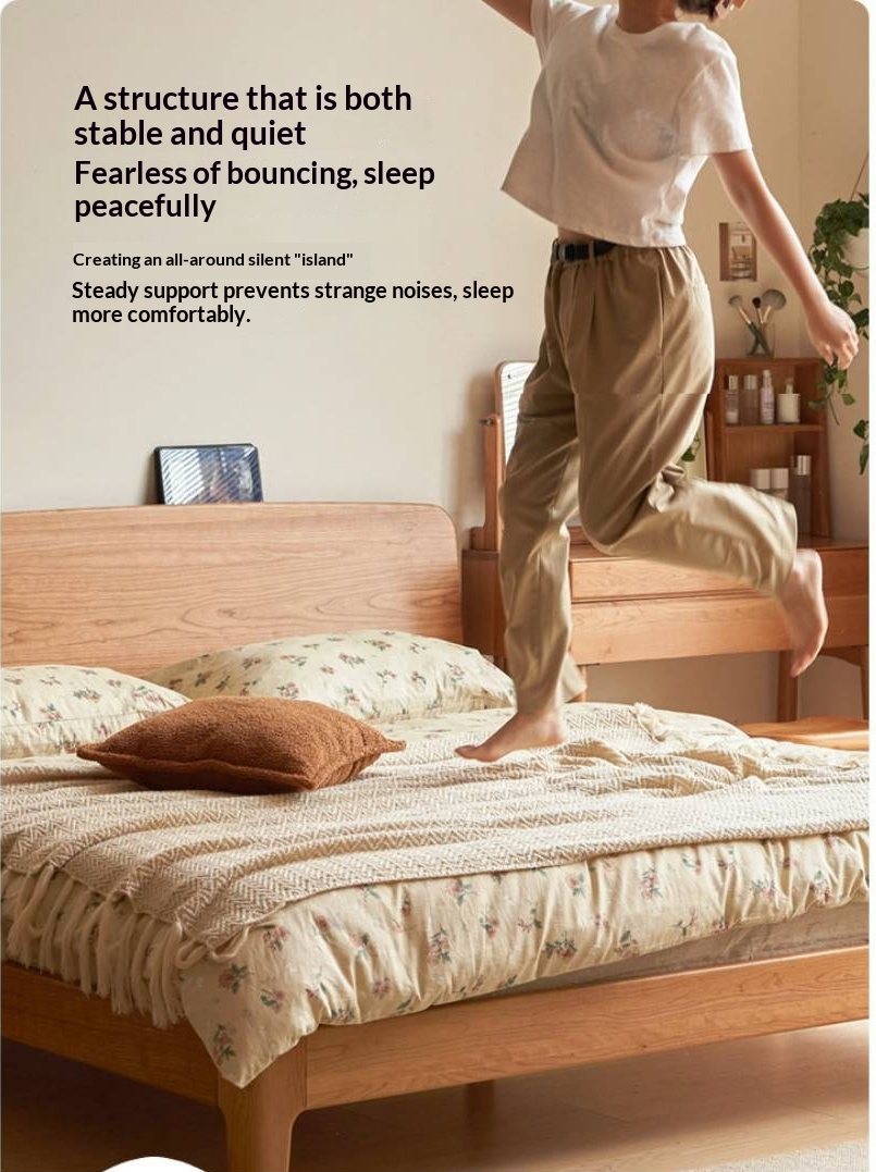 Cherry Solid Wood Bed — Retro Simple Luminous Bed with Charging and Storage