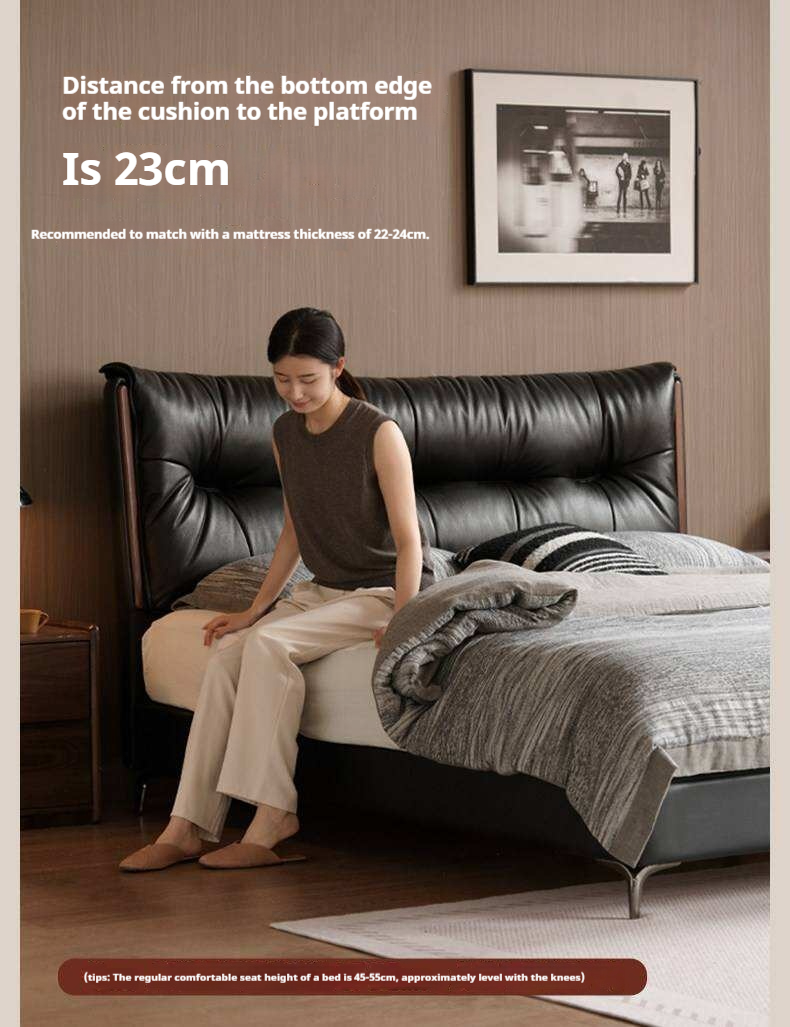 Genuine Leather Platform Bed with Wingback Tufted Headboard