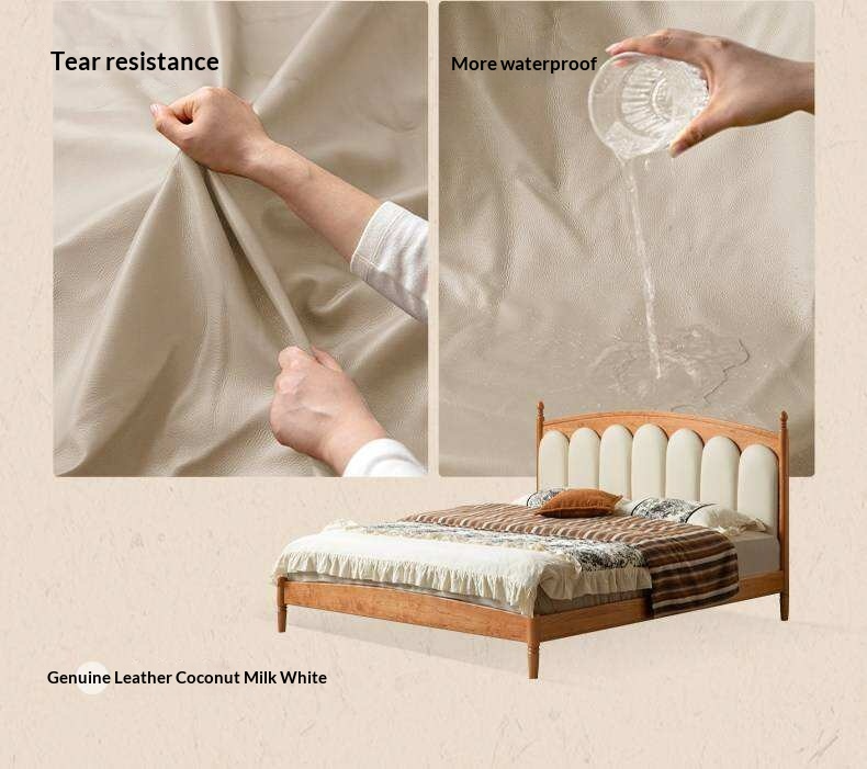 Cherry Solid Wood Genuine Leather, Velvet French-Inspired Scalloped Headboard Bed