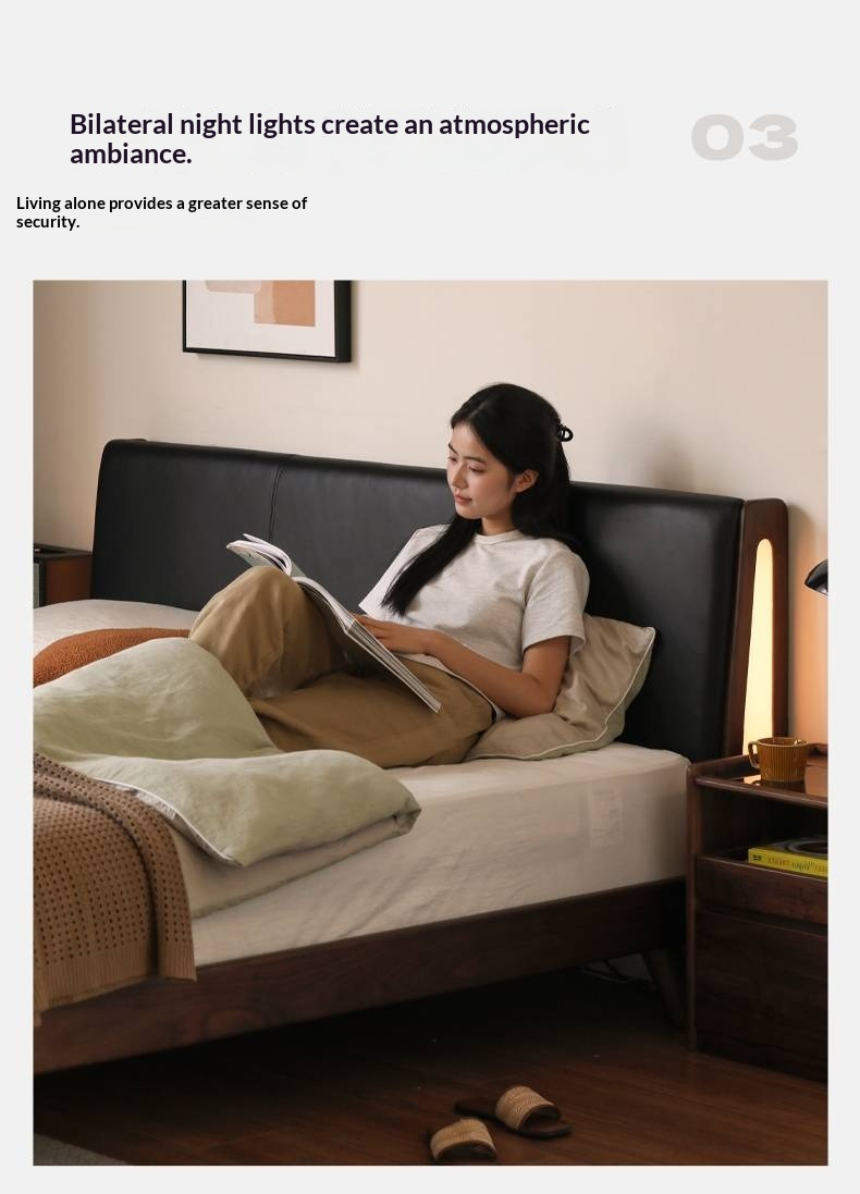 Black Walnut Solid Wood Genuine Leather Upholstered Bed