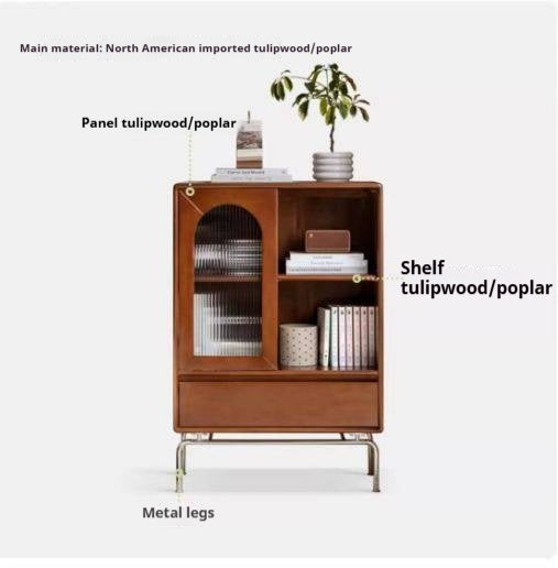 Black Walnut, Tulipwood Solid Wood Display Cabinet with Arched Fluted Glass Door, LED Light and Metal Legs