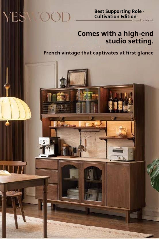 Black Walnut Solid Wood Buffet Cabinet with Retro Style and Rock Board Surface