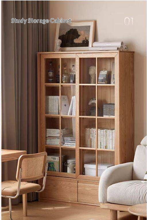Ash Solid Wood Bookcase with Sliding Doors and Floor-to-Wall Glass Display Cabinet