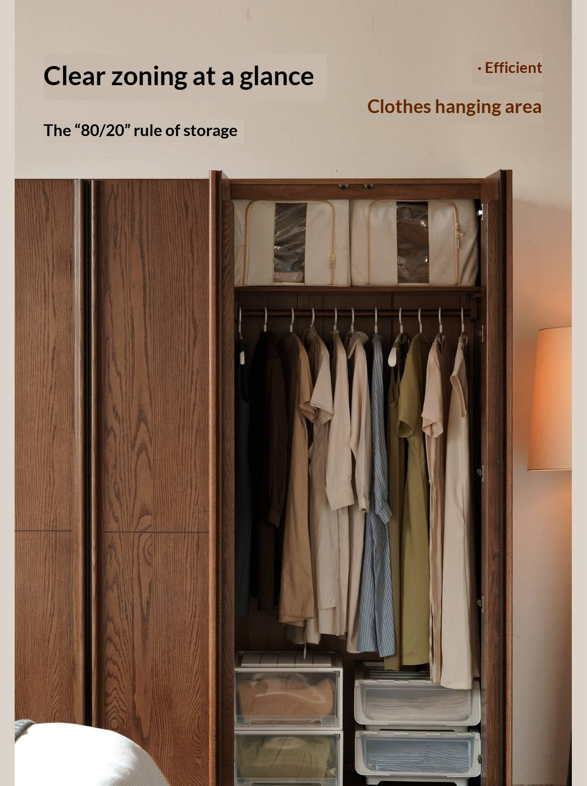 Oak Solid Wood Wardrobe with Italian Light Luxury Style and Double Doors