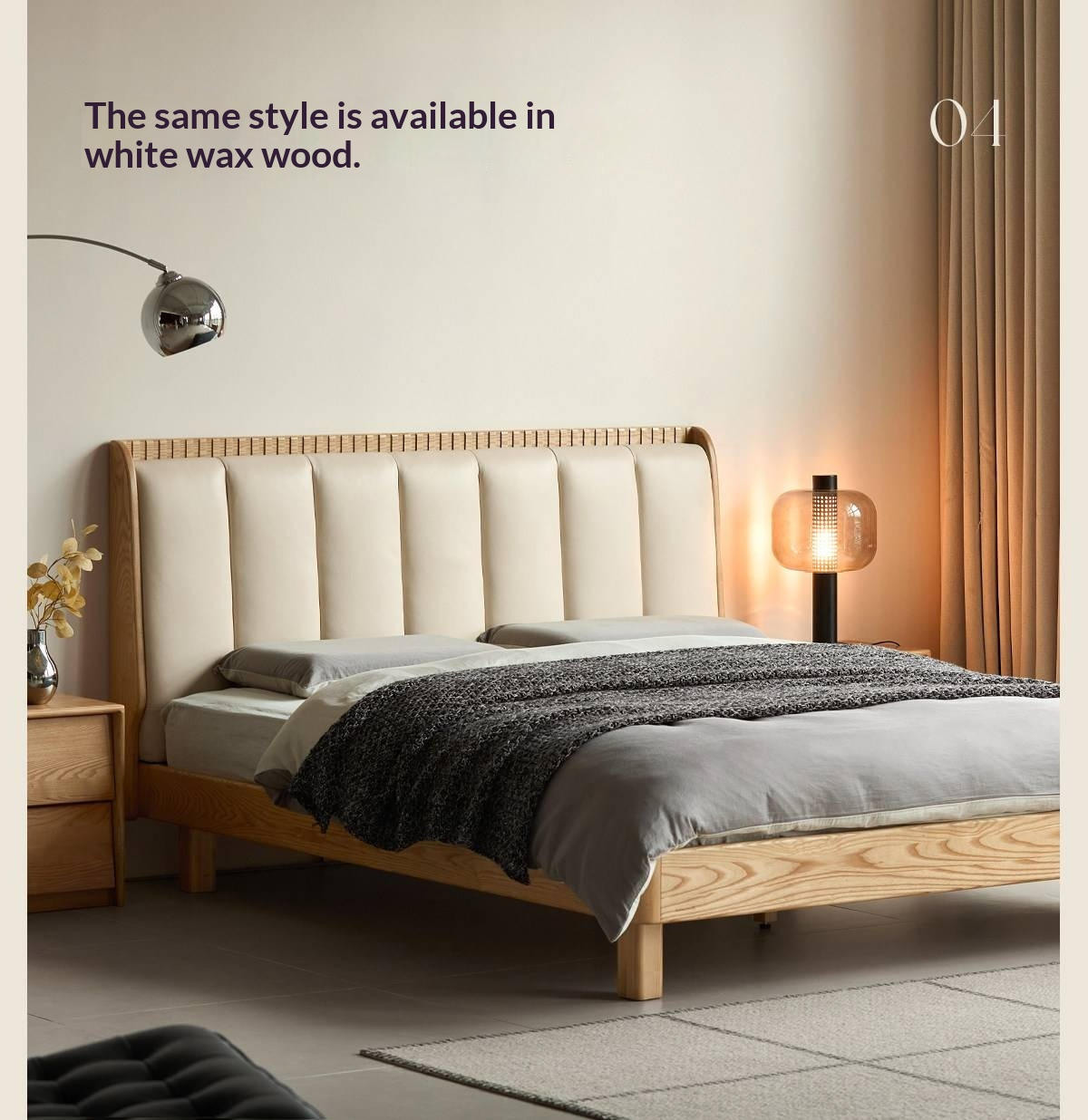 Ash Solid Wood Bed with Genuine Leather Upholstered Headboard