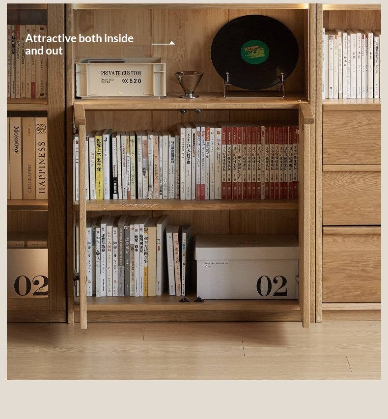 White Oak Solid Wood Bookcase and Display Cabinet with Glass Doors and Built-In Lights