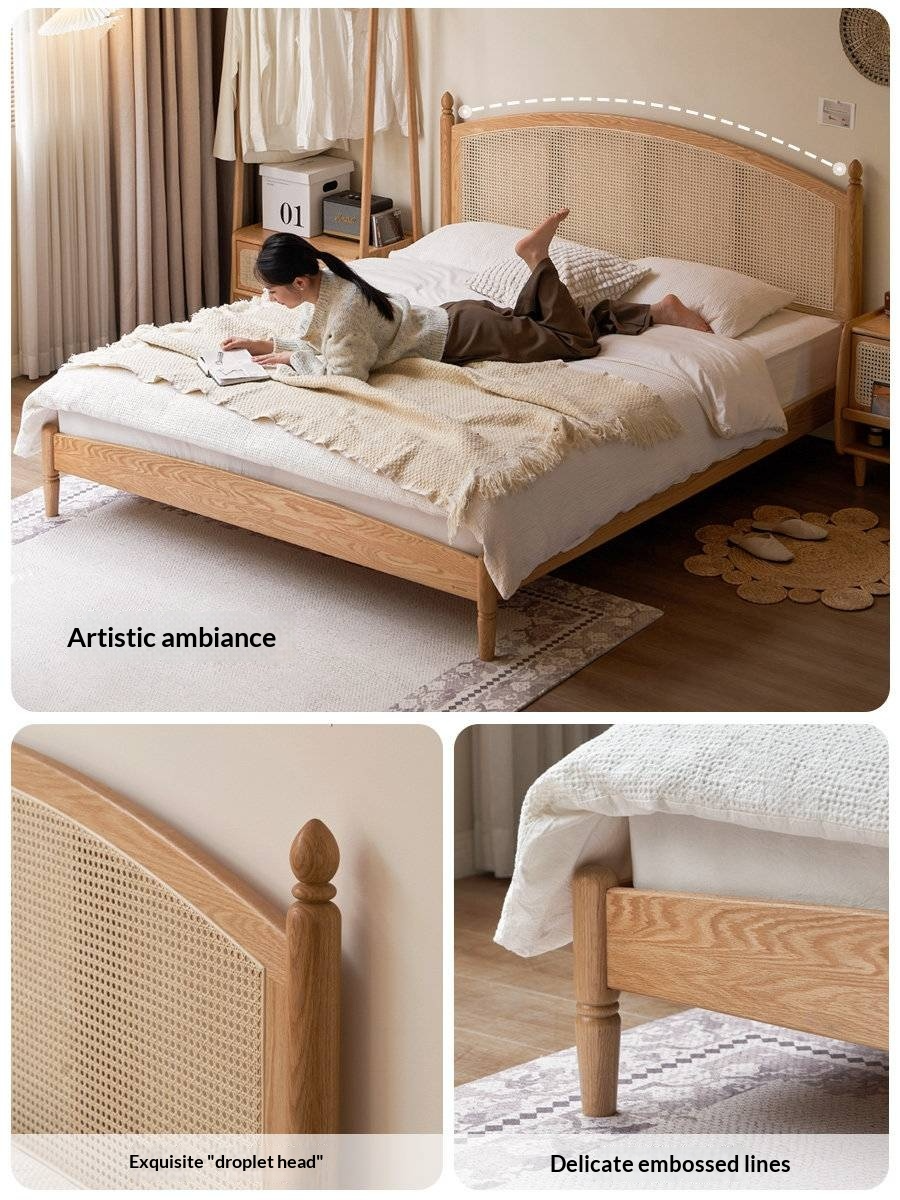Oak Solid Wood Bed — Light Retro Style with Rattan Design