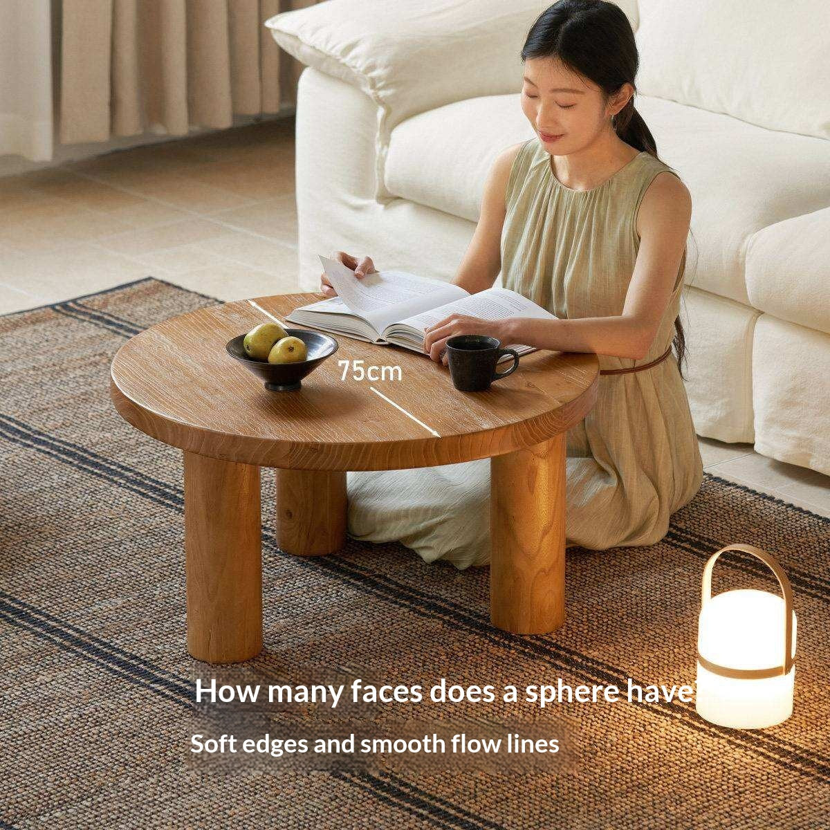 Elm Solid Wood Round Tea Table with Wind-Inspired Design