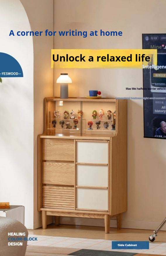 Oak Solid Wood Bar Cabinet with Glass Display and Sliding Doors