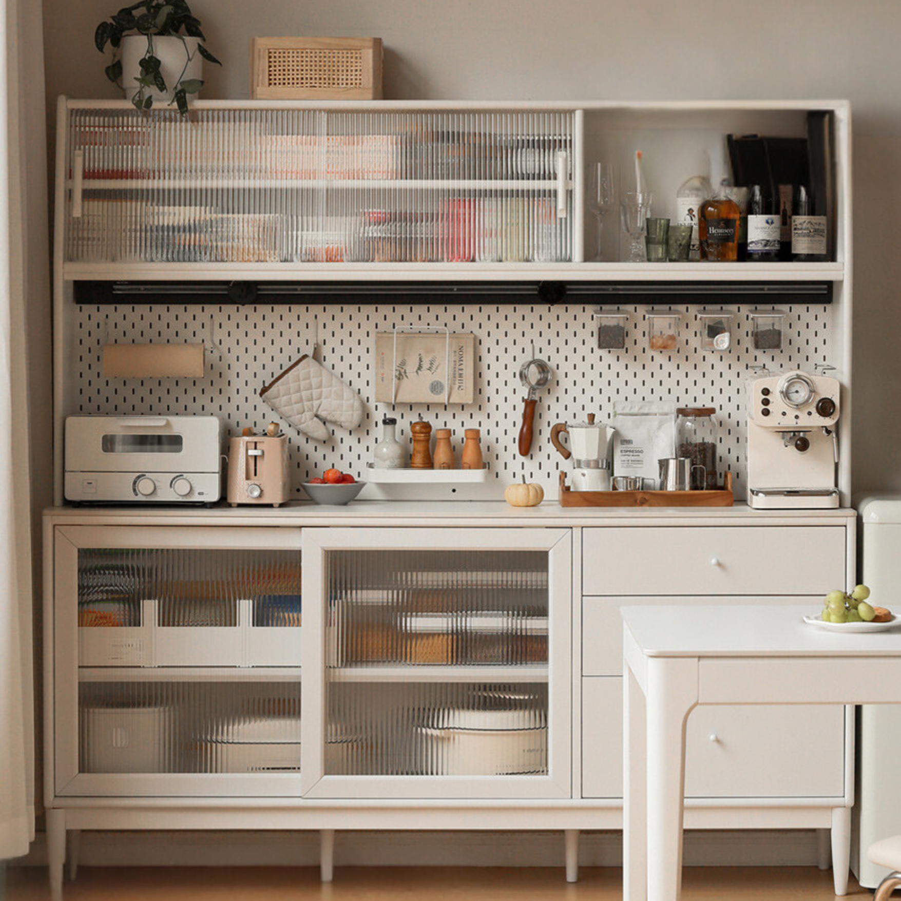 Solid RubberWood Dining Sideboard Cream Style Against The Wall Integrated