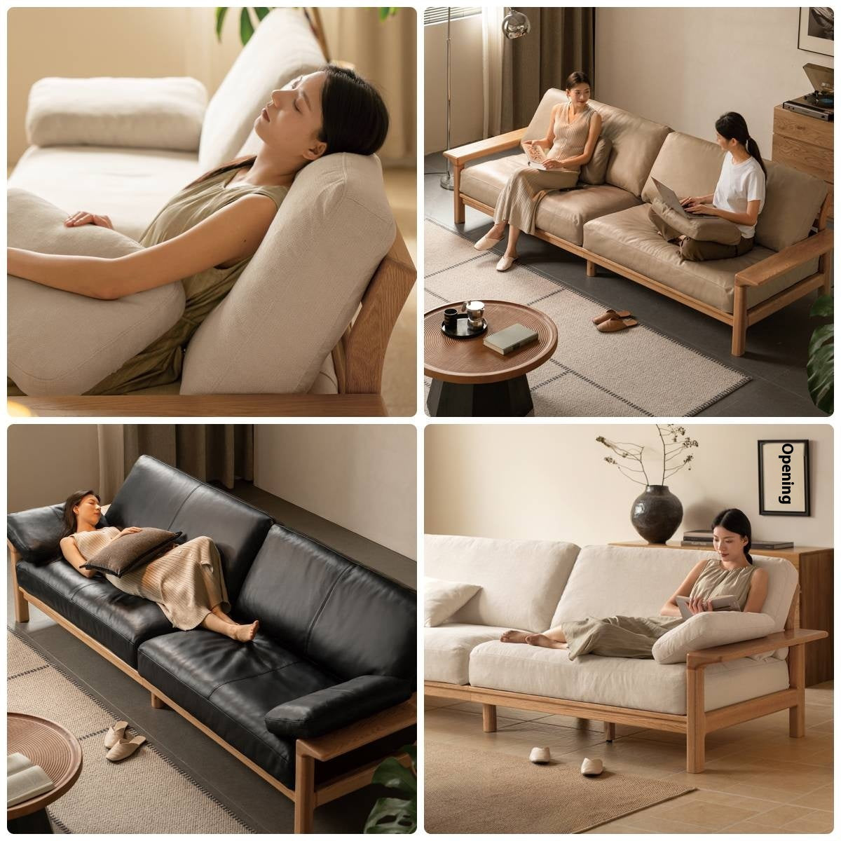 Oak, Ash Solid Wood Wabi Sabi Style Genuine Leather Sofa, fabric sofa