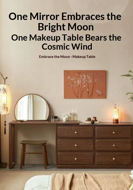 Black Walnut Solid Wood Dresser and Vanity Combo with Pull-Out Mirror Desk