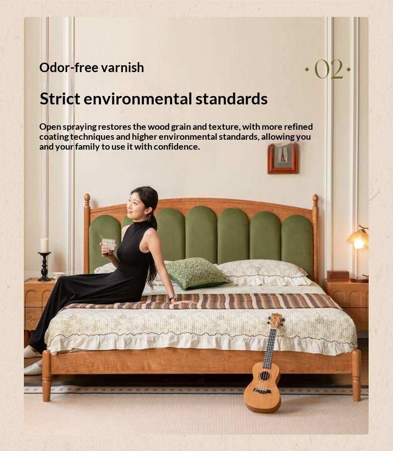 Cherry Solid Wood Genuine Leather, Velvet French-Inspired Scalloped Headboard Bed