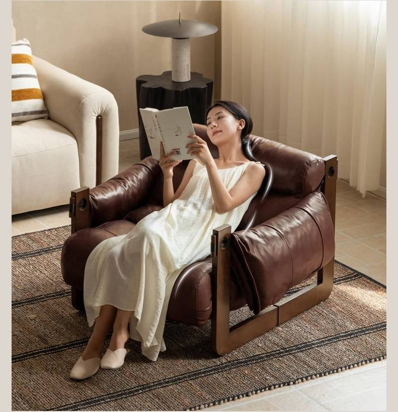 Genuine Leather Ash Solid Wood Sofa Chair, Mid-Century Style, Jersey Island Collection