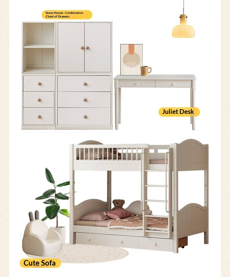 Rubberwood Solid Wood Children's White Castle Princess Bunk Bed